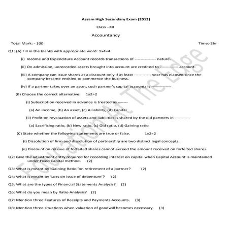 Question paper for Assam H.S. 2nd year for final exam for 2012