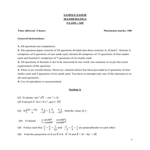 CBSE Sample Paper  Mathematics Class XII  - 2015