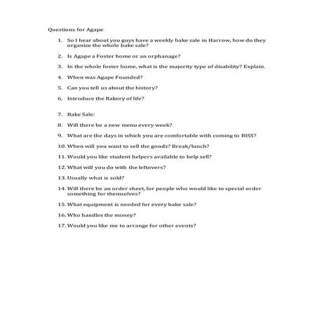 PERSONAL PROJECT QUESTIONS FOR AGAPE