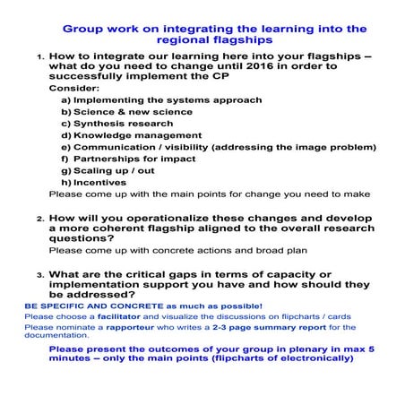 Group work on integrating the learning into the regional flagships