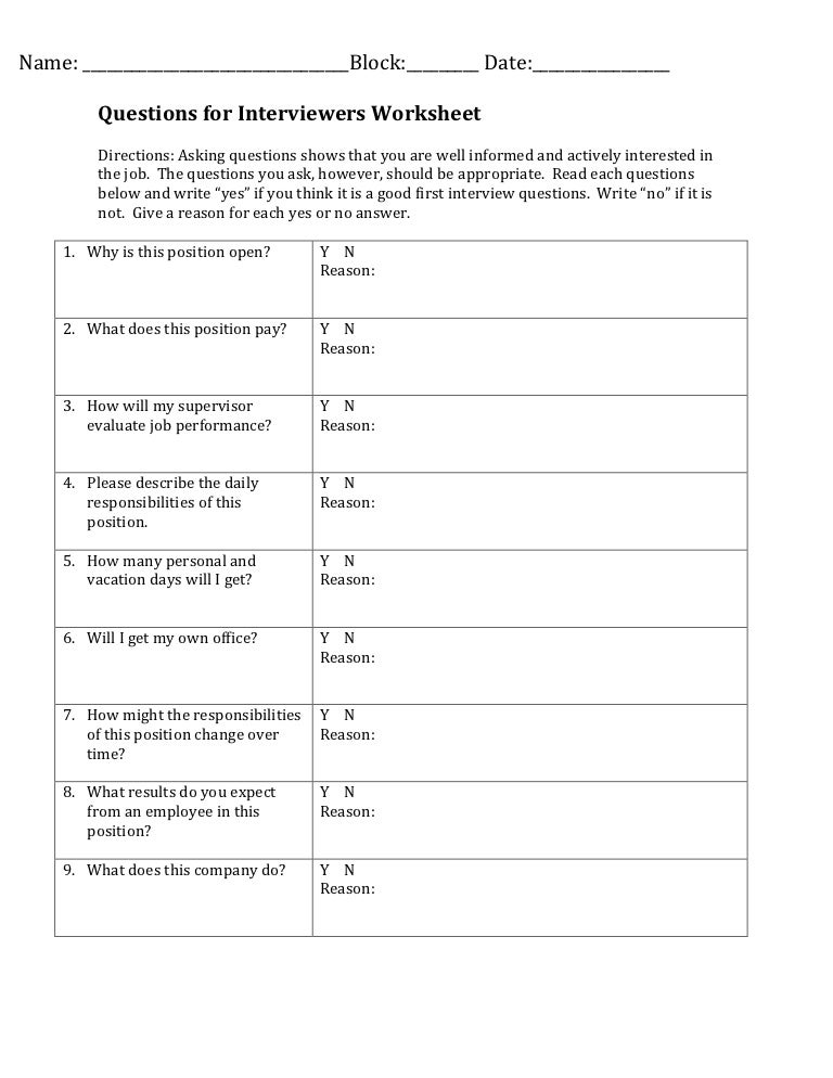 Questions for interviewers worksheet