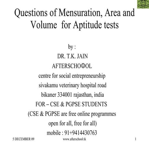 Questions of mensuration, area and volume  for aptitude tests
