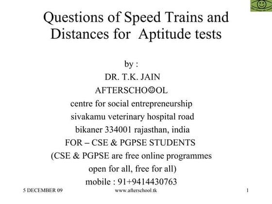 Questions of speed trains and distances for  aptitude tests