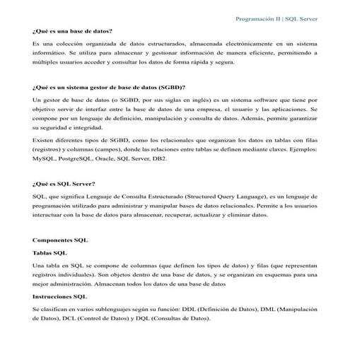 SGDB base de datos sql tablas sql instrucciones dll dml | PDF