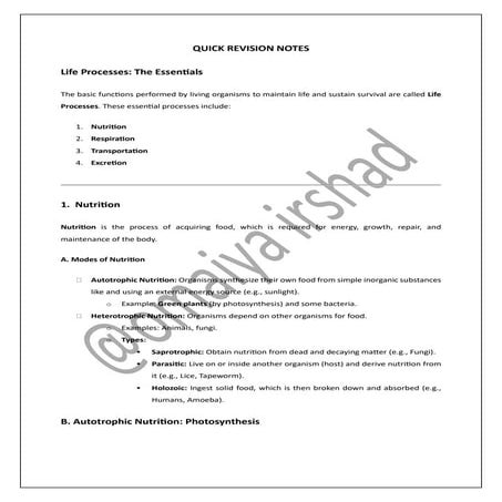 Quick Revision Notes Of Life Process for Class 10 Board Exams – Easy, Complet...