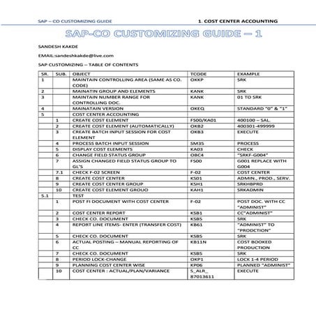 Quick sap co configuration-cost acct.