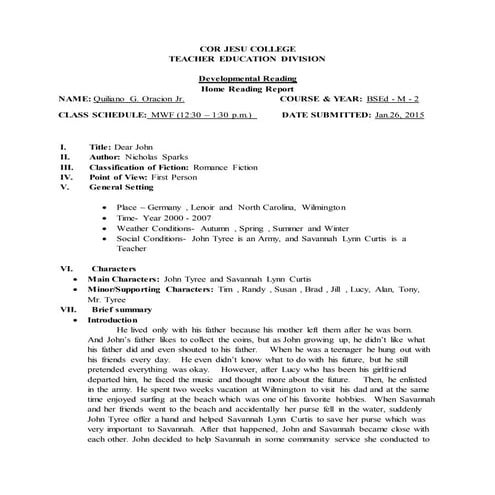 DEAR JOHN, HOME READING REPORT