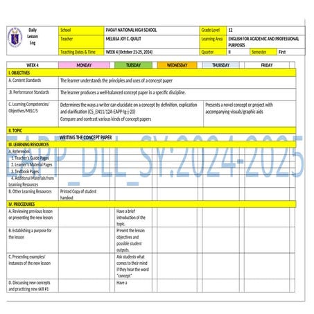 DAILY LESSON LOG IN ENGLISH FOR ACADEMIC AND PROFESSIONAL PURPOSES | DOCX