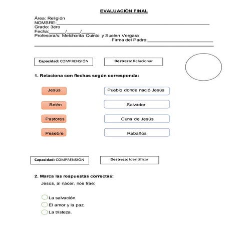 Evaluación Final de Religión 3ero de Primaria
