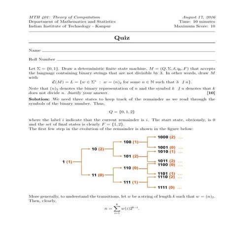 Quiz1 | Theory of Computation | Akash Anand | MTH 401A | IIT Kanpur