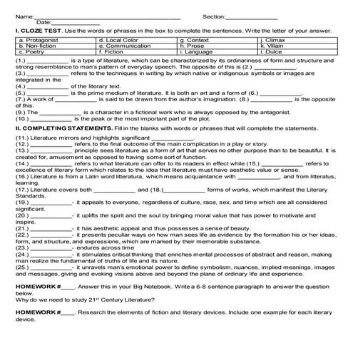 Quiz 1 Defining Literature