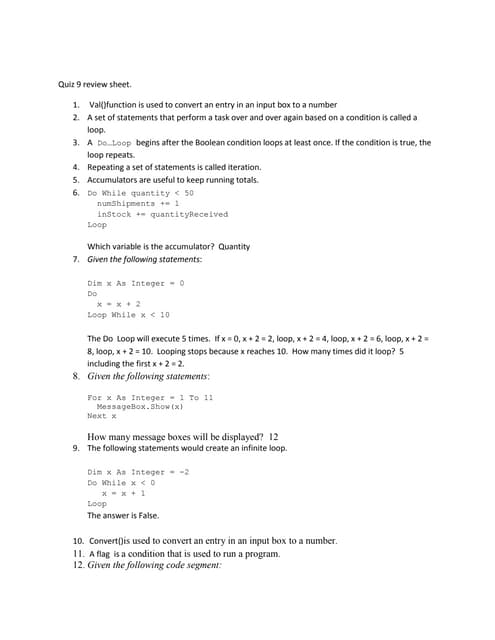 Quiz 9 review sheet