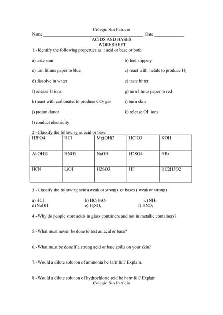 Worksheet naming acids and bases