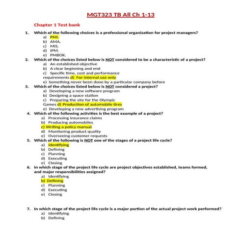 Project Management-Quizzes -Chapter wise wise | DOCX
