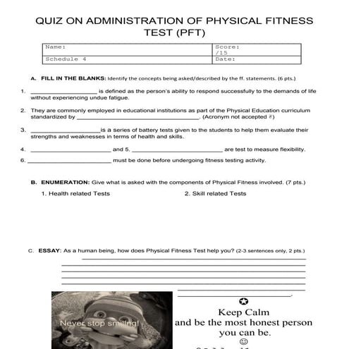Quiz on administration of physical fitness test