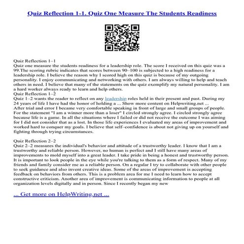 Quiz Reflection 1-1. Quiz One Measure The Students Readiness
