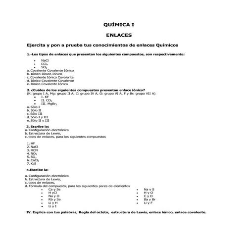 Química ejercicios enlaces