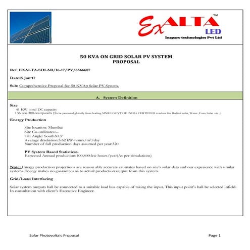 Project Proposal on 10 MW Solar PV Power Plant | PPTX