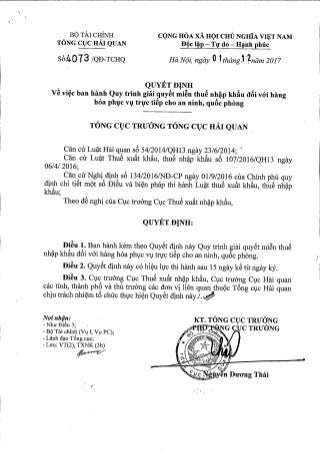 Quyết định 4073 qđ-tchq ngày 01-12-2017 ban hành quy trình giải quyết miễn thuế nk đối với hàng hóa phục vụ trực tiếp cho an ninh, quốc phòng