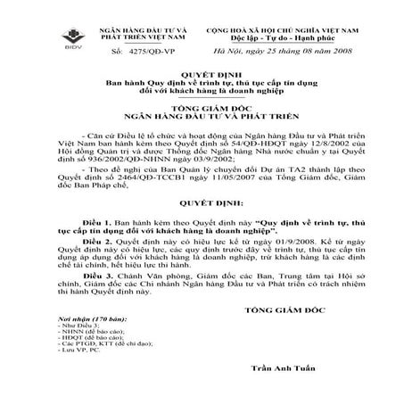 Quy trình, thủ tục cấp tín dụng với khách hàng doanh nghiệp (BIDV)