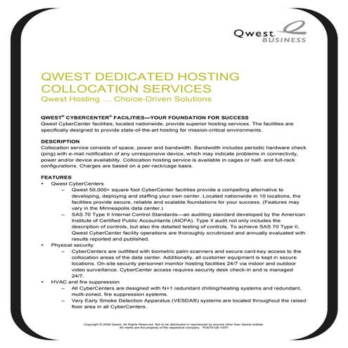 QWEST DEDICATED HOSTING COLLOCATION SERVICES
