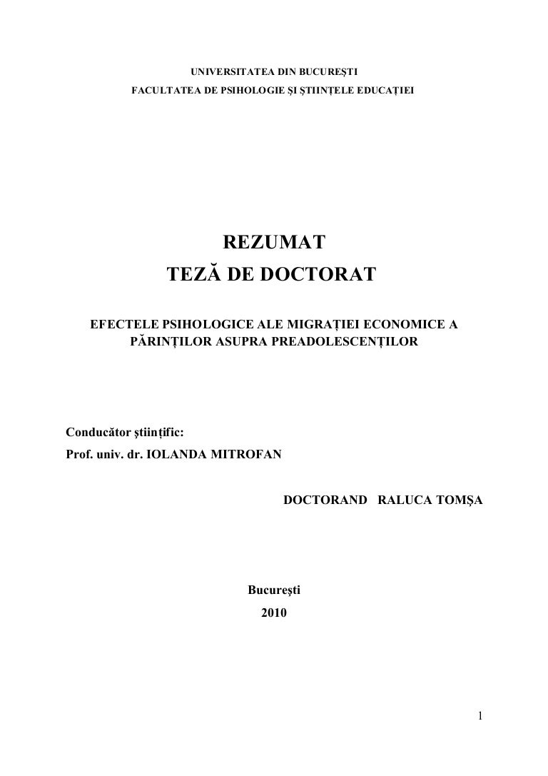 R Tomsa 2010 Rezumat Teza De Doctorat Efectele Psihologice Ale Migra