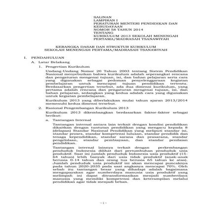 Lampiran I Permendikbud No 58 Tahun 2014