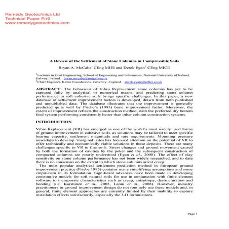 "A Review of the Settlement of Stone Columns in Compressible Soils"