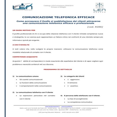 Comunicazione telefonica efficace - Scheda corso LEN