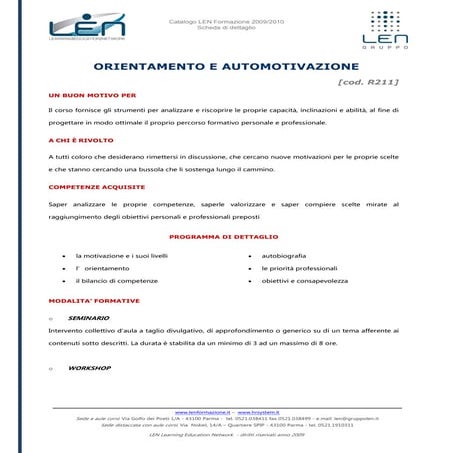 Orientamento e automotivazione - Scheda corso LEN