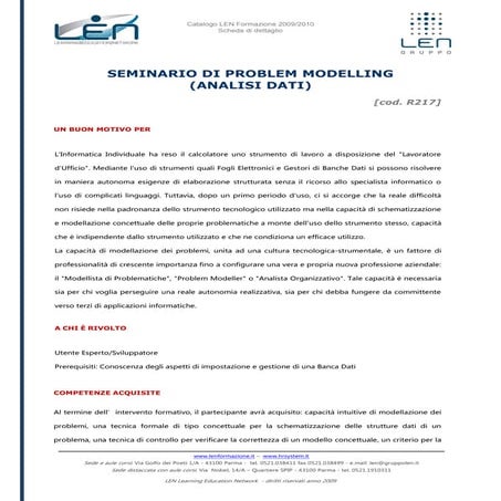 Seminario di problem modelling analisi dati - Scheda corso LEN
