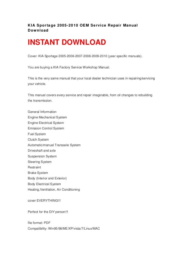 Kia Sportage 2005 2010 Oem Service Repair Manual