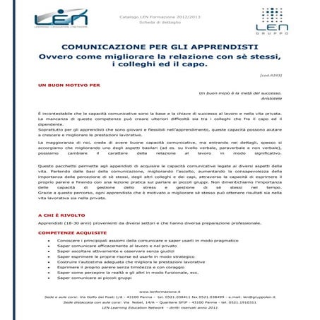 Comunicazione per gli apprendisti - Scheda corso LEN