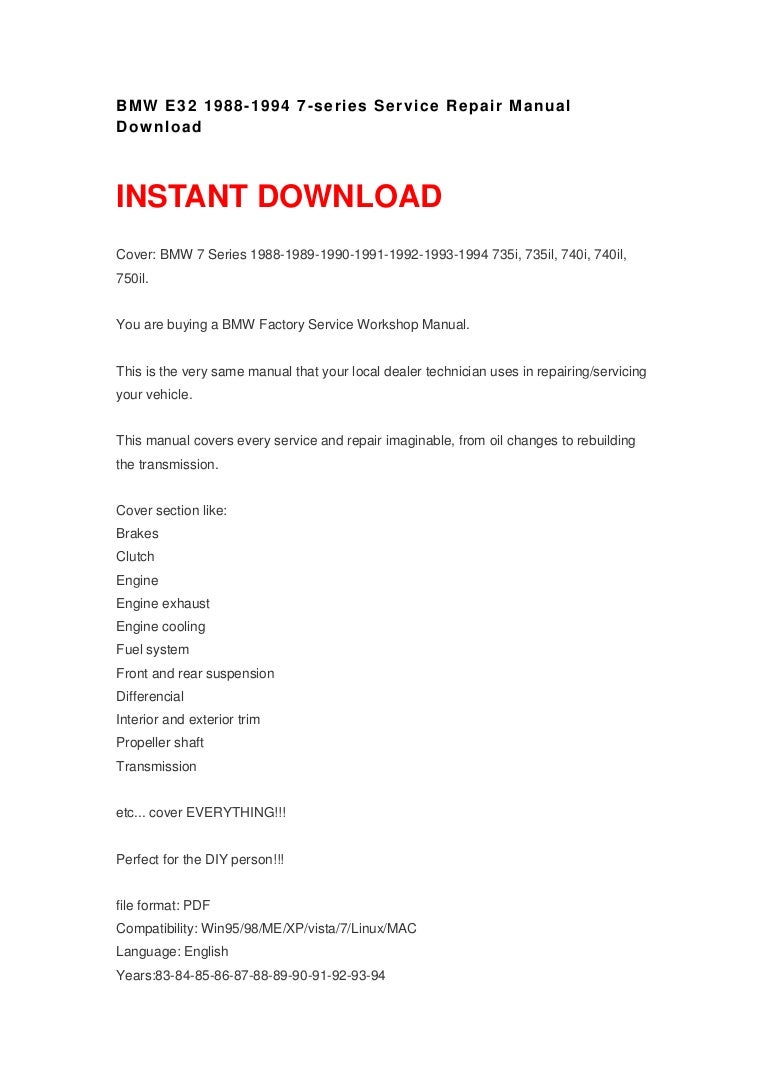 Bmw 735i 735il 1988 1994 Service Repair Workshop Manual