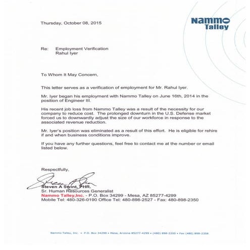 Recommendation From Most Current Employer in Metro Phoenix