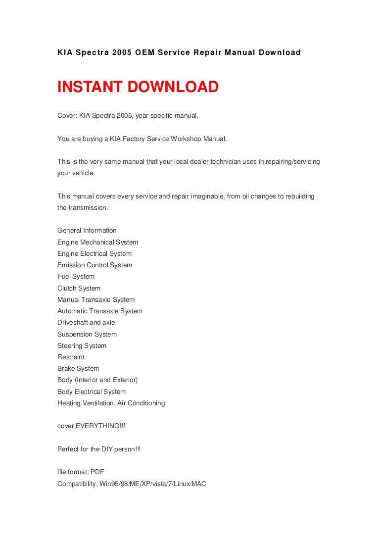 KIA Spectra 2005 OEM Service Repair Manual. Download ...