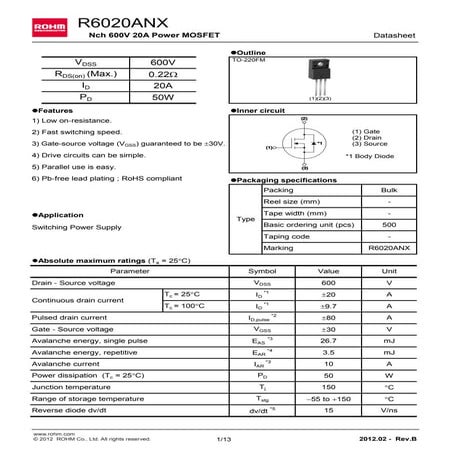 Original N-Channel Mosfet R6020ANX 6020 600V 20A TO-220 New ROHM ...