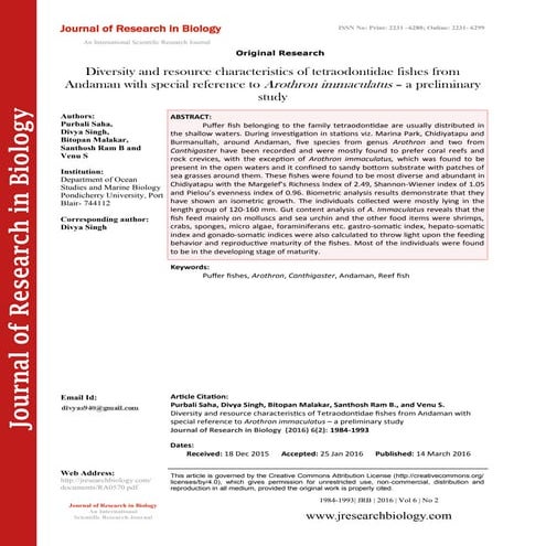 Diversity and resource characteristics of tetraodontidae fishes from Andaman ...