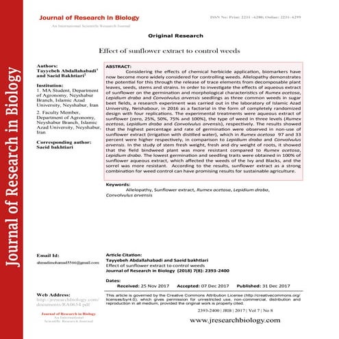Effect of sunflower extract to control weeds