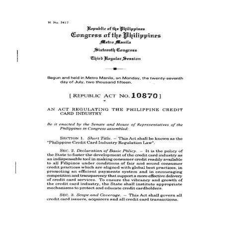 RA 10870 Philippine Credit Card Industry Regulation Law | PDF