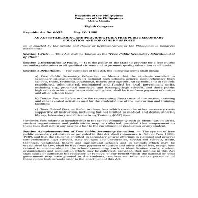 Ra 6655   free public secondary education