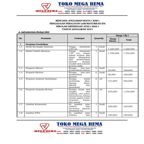 Rab alat lab ipa kit fisika kimia biologi smp sma | PDF