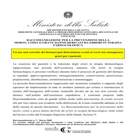 Raccomandazione Per La Prevenzione Della Morte O Grave Danno