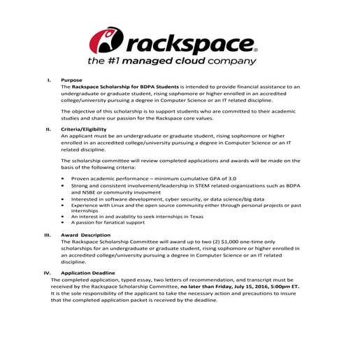 Rackspace Scholarship for BDPA Student (2016)