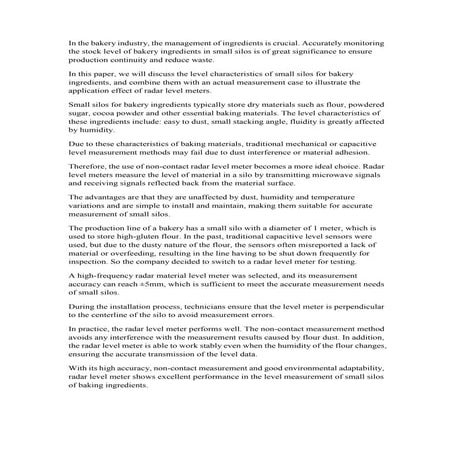 Radar Level Meter Easily Measures Levels In Small Silos For Baking Ingredients