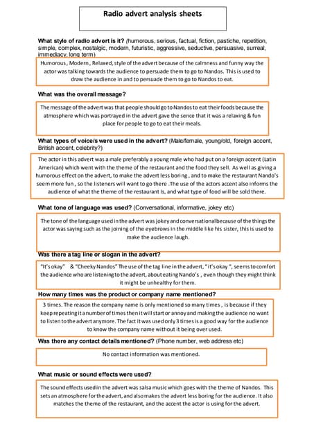 Radio advert analysis sheet (nandos)