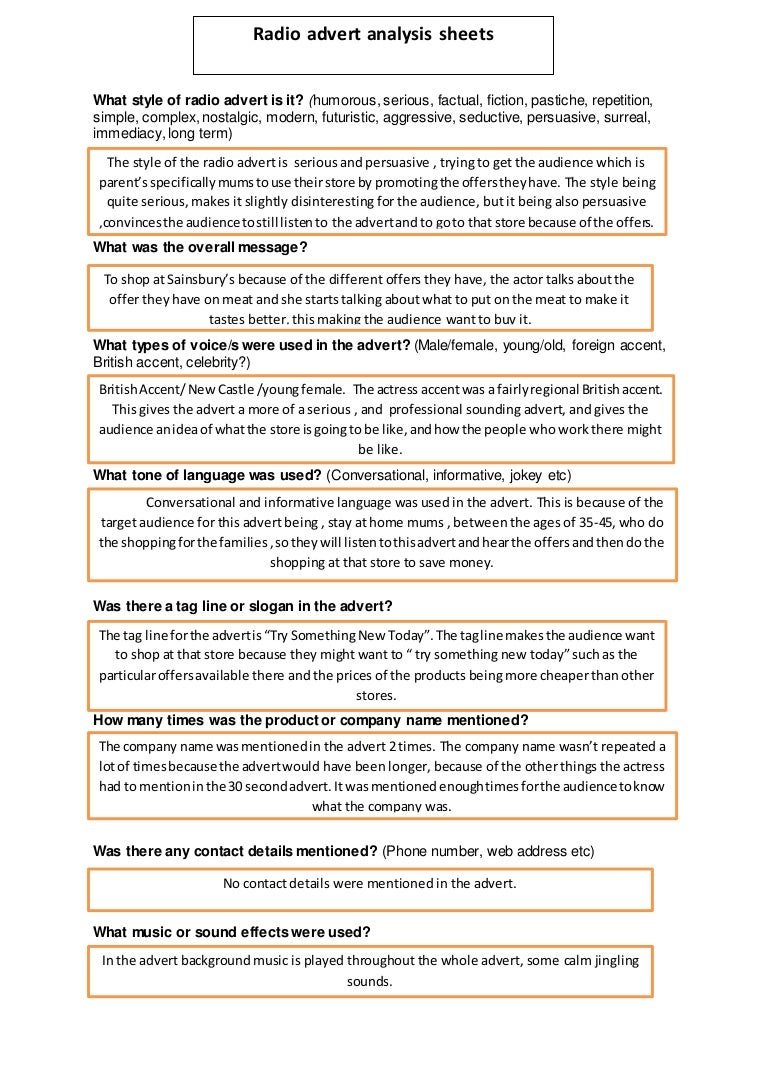 Radio advert analysis sheet (sainsburys)