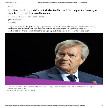 Challenges Radio : Bolloré n'enraye pas la chute des audiences à Europe 1   