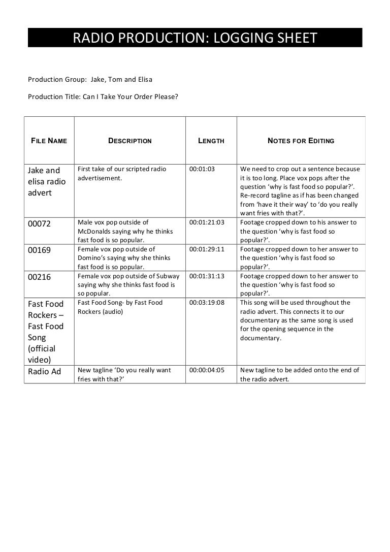 Radio logging sheet