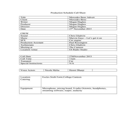 Radio production schedule call sheet template